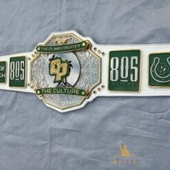 Close-up of the spinner center plate on the Cal Poly Football Belt with HD engravings.