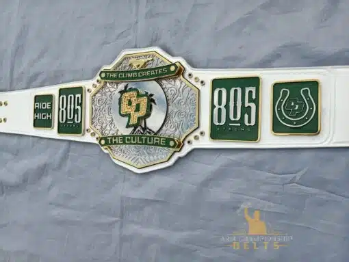 Close-up of the spinner center plate on the Cal Poly Football Belt with HD engravings.