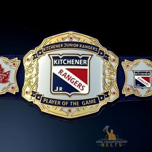 Kitchener Rangers Custom Championship Belt with HD engraved plates and genuine leather strap.