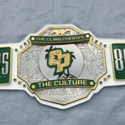 Front view of the custom Cal Poly Football Championship Belt featuring a spinner center plate with deep HD engravings.