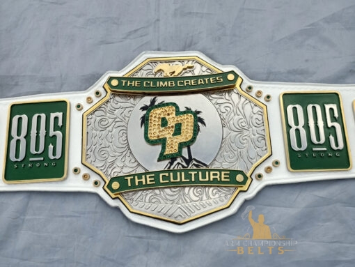 Front view of the custom Cal Poly Football Championship Belt featuring a spinner center plate with deep HD engravings.