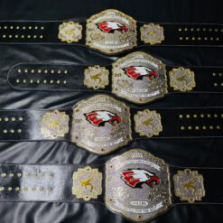 Custom Eagle Crest High School wrestling belt with engraved logo, gold and chrome plating