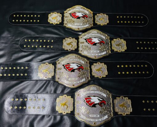 Custom Eagle Crest High School wrestling belt with engraved logo, gold and chrome plating