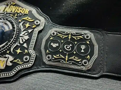 Side plates featuring engraved icons and design details of the Sales Champion Belt.