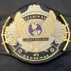 Custom Winged Eagle Belt with gold plated 5mm HD engraved plates and genuine leather strap front view