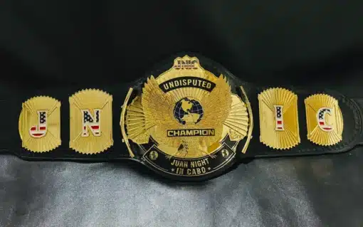 A fully customizable Winged Eagle Championship Belt featuring intricate HD engraving plates and shiny gold finish, perfect for personalized recognition.
