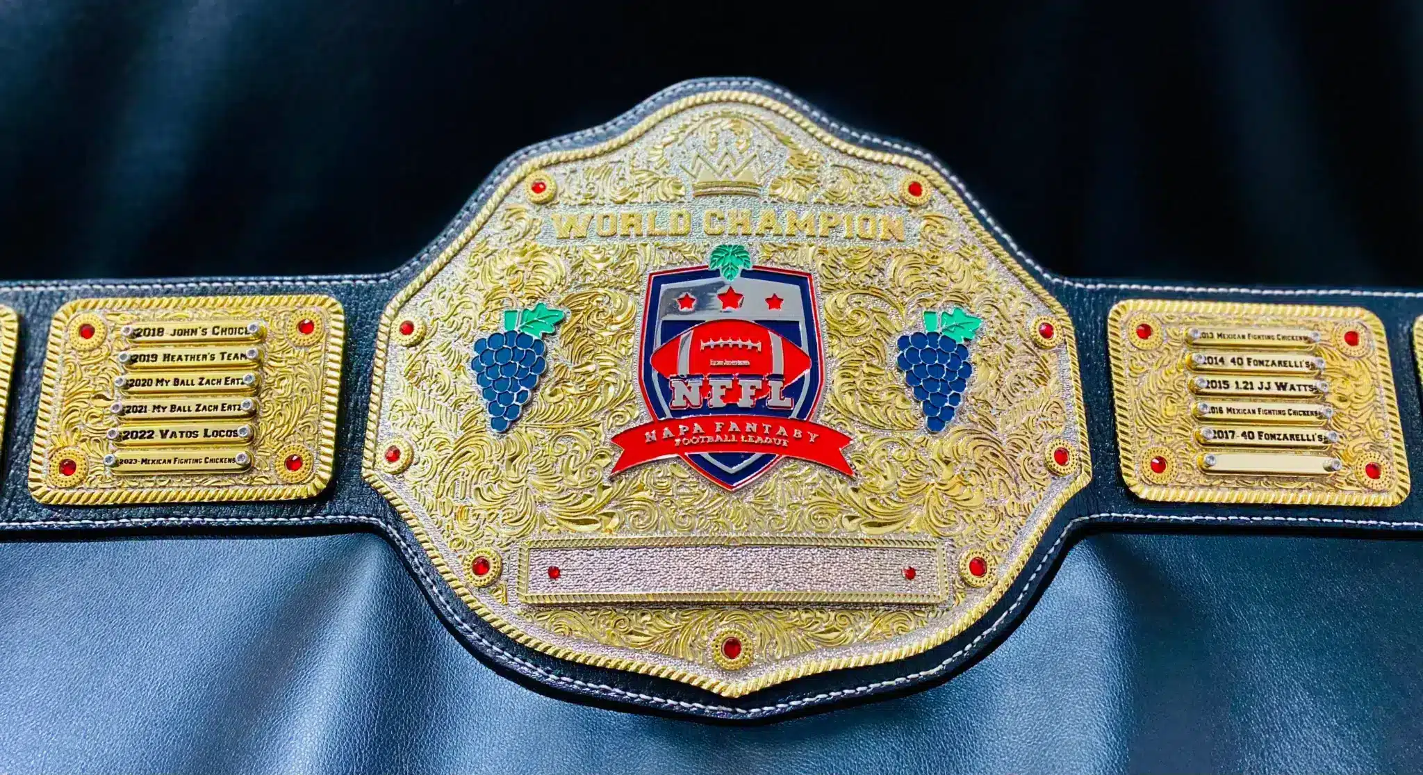 Custom Fantasy Football Championship Belt with personalized league nameplate