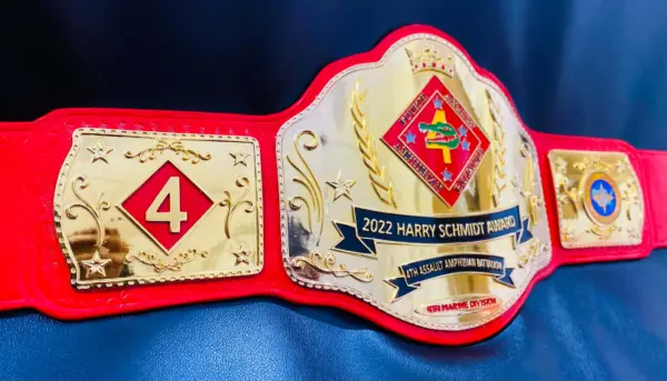 Detailed close-up of US Marine custom championship belt