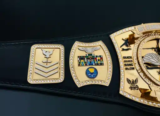 Custom military belt side plate with Navy rank and service unit logo engraving