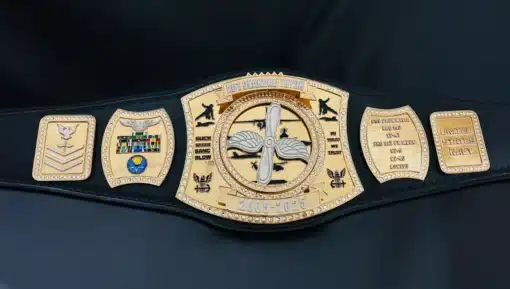 Custom U.S. Navy retirement belt with engraved gold center plate and aviation design