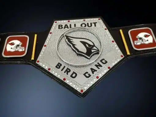 Close-up of the spinner center plate on the Arizona Cardinals Football Belt.