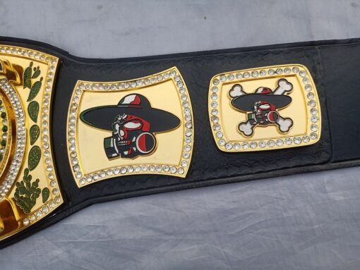 Side view of the Bandito Skull Spinner Belt highlighting the customizable side plates with skull logos.