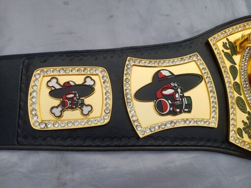 Side view of the Bandito Skull Spinner Belt highlighting the customizable side plates with skull logos.