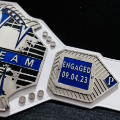 lose-up view of the HD CNC engraved plates on the Custom Tag Team Title Belt.