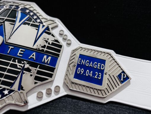 lose-up view of the HD CNC engraved plates on the Custom Tag Team Title Belt.