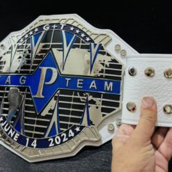 Genuine white leather strap of the Custom Tag Team Title Belt with customizable options.