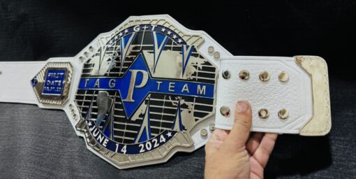 Genuine white leather strap of the Custom Tag Team Title Belt with customizable options.