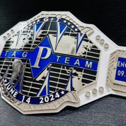 Side view showcasing the shiny chrome finish and detailed engravings on the Custom Tag Team Title Belt.