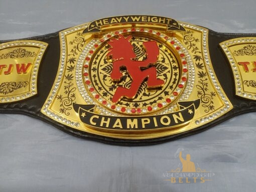 Custom Heavyweight Spinner Belt with customizable logos and text on the main and side plates.