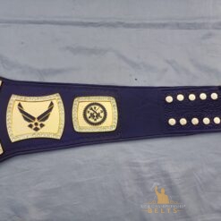 MSGT Air Force Championship Belt featuring a genuine navy blue leather strap, customizable with logos and text.