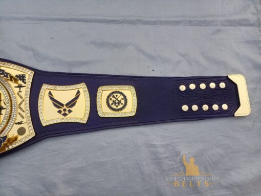 MSGT Air Force Championship Belt featuring a genuine navy blue leather strap, customizable with logos and text.