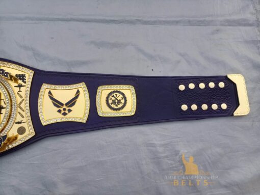 MSGT Air Force Championship Belt featuring a genuine navy blue leather strap, customizable with logos and text.