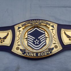 Front view of the MSGT Air Force Championship Belt with HD CNC engraved plates and shiny gold paint.