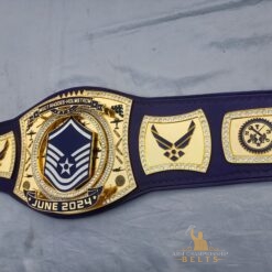 Customizable logos on the MSGT Air Force Championship Belt’s main and side plates.