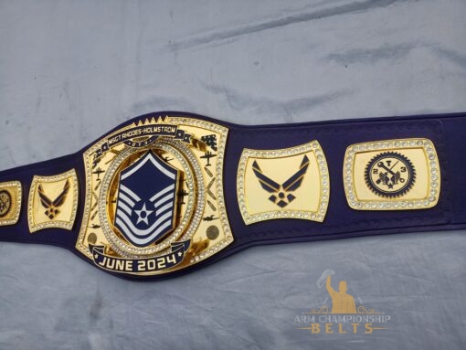 Customizable logos on the MSGT Air Force Championship Belt’s main and side plates.