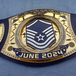Close-up of HD CNC engraved plates on the MSGT Air Force Championship Belt showing intricate detail.
