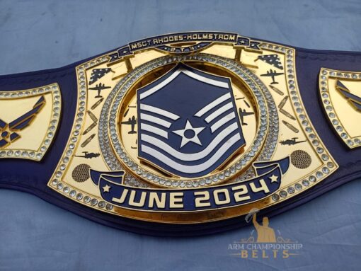 Close-up of HD CNC engraved plates on the MSGT Air Force Championship Belt showing intricate detail.