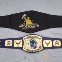 Full-length view of the 52-inch MSGT Air Force Championship Belt with a black leather strap.