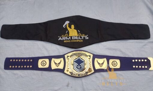 Full-length view of the 52-inch MSGT Air Force Championship Belt with a black leather strap.