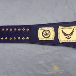 MSGT Air Force Championship Belt featuring a genuine navy blue leather strap, customizable with logos and text.