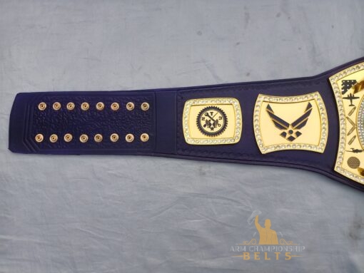 MSGT Air Force Championship Belt featuring a genuine navy blue leather strap, customizable with logos and text.