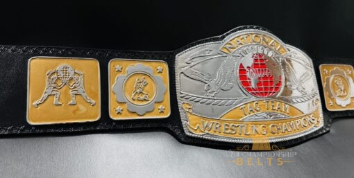 Detailed etching on the NWA National Tag Team Championship Belt