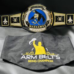 Angle view showing the intricate design and custom features of the War Hawks Championship Belt.