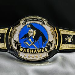 Front view of the War Hawks Championship Belt with HD CNC engraved plates and black leather strap.
