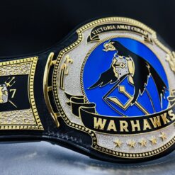 Side view showcasing the shiny chrome and gold finishes on the War Hawks Championship Belt.