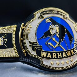 Side view showcasing the shiny chrome and gold finishes on the War Hawks Championship Belt.