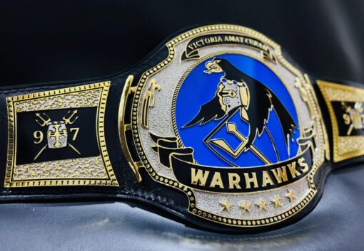 Side view showcasing the shiny chrome and gold finishes on the War Hawks Championship Belt.