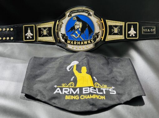 Angle view showing the intricate design and custom features of the War Hawks Championship Belt.