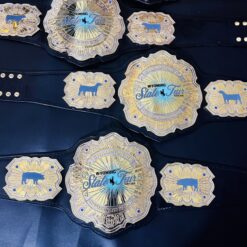 Close-up view of the HD CNC engraved plates on the Wyoming State Fair Championship Belt.