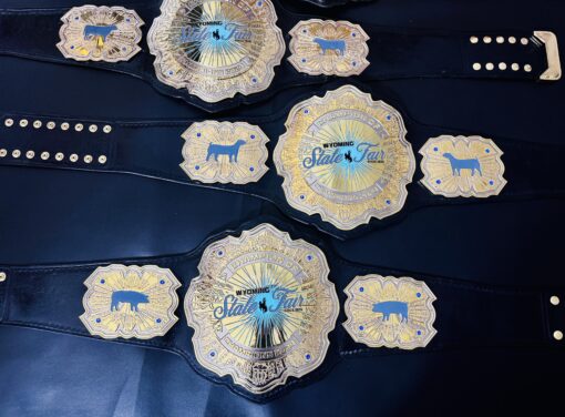 Close-up view of the HD CNC engraved plates on the Wyoming State Fair Championship Belt.