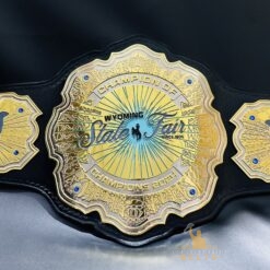Front view of the Wyoming State Fair Championship Belt with HD CNC engraved plates and black leather strap.