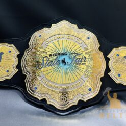 Front view of the Wyoming State Fair Championship Belt with HD CNC engraved plates and black leather strap.