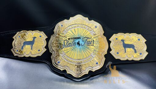 Front view of the Wyoming State Fair Championship Belt with HD CNC engraved plates and black leather strap.