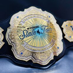 Angle view showing the intricate design and high-quality paint on the Wyoming State Fair Championship Belt.