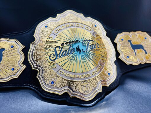 Angle view showing the intricate design and high-quality paint on the Wyoming State Fair Championship Belt.