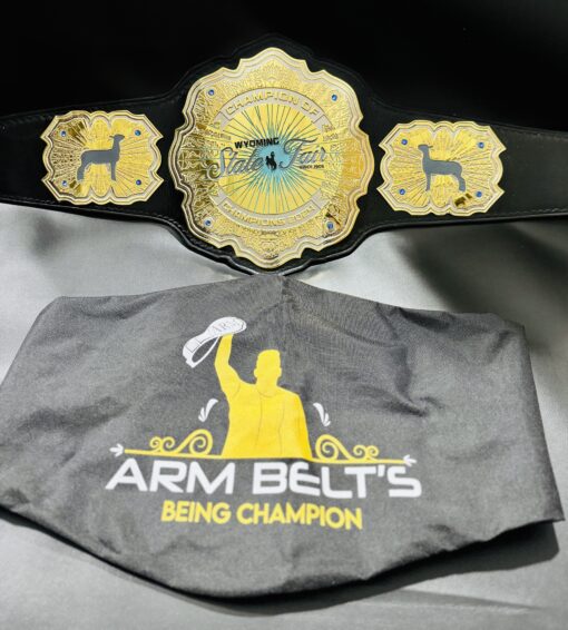 Wyoming State Fair Championship Belt displayed in with bag, perfect for collectors.